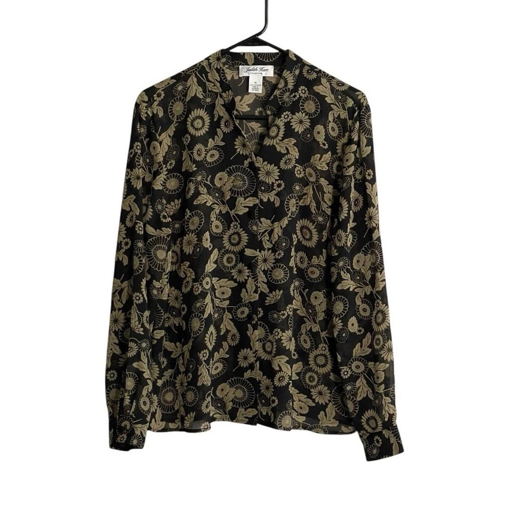 Judith Hart Women Button Front Shirt Dark Floral Beaded Sz 14 Fall Autumn